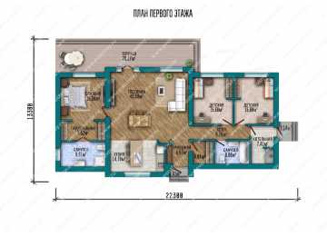 проект узкого одноэтажного дома с размерами 22 м на 13 м LK-43