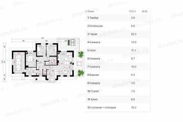 Проект дома для узкого участка с камином и гаражом 11 на 18 метров DTA10030