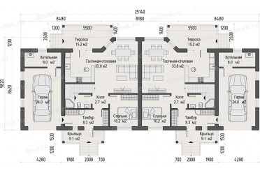 Проект дома на 2 семьи с гаражами DT0361